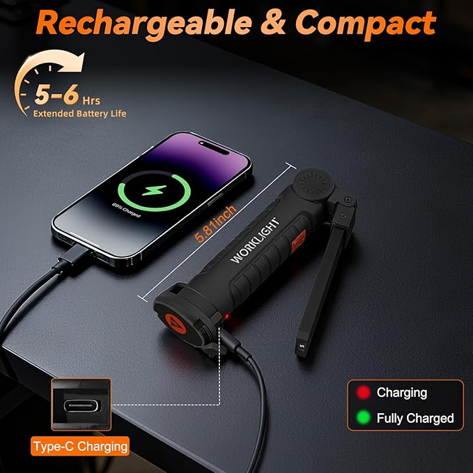 Magnetic Work Light 6Pack, Rechargeable LED Work Light with 360° Rotation, 5 Mode Mechanic Light, Compact Rechargeable Flashlight with Hook for Car Repairing, Emergency, Fathers Day Dad Gifts
