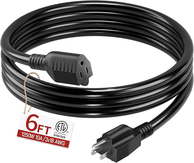 18/3 Indoor Extension Cord 6 FT, Black Extension Cord Flexible & Durable, 3 Prong Power Cable, Suitable for Home and Office, 10 Amp 1250 Watt 125VAC 18AWG, ETL Listed