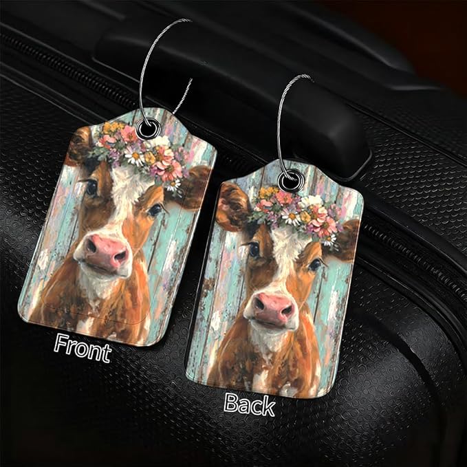 2 Pack Cute Cow Luggage Tags, Floral Cattle & Highland Cow ID Tags with Privacy Cover, PU Leather Bag Identifiers, Spring & Summer Vacation Essentials, Mother's Day