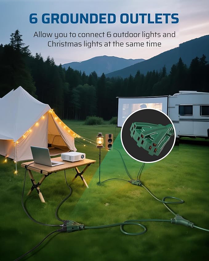DEWENWILS Outdoor Extension Cord 1 to 2 Splitter, 19FT Total Length, 6 Grounded Outlets, 16AWG SJTW Heavy Duty Power Cord Waterproof for Landscaping Light, Holiday Decoration, Green, ETL Listed