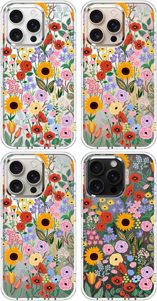 MOSNOVO Case for iPhone 16 Pro, [Buffertech 6.6ft Military-Grade Drop Protection] [Anti Peel Off Tech] Clear TPU Bumper Phone Case Cover Design - Blossom & Bloom