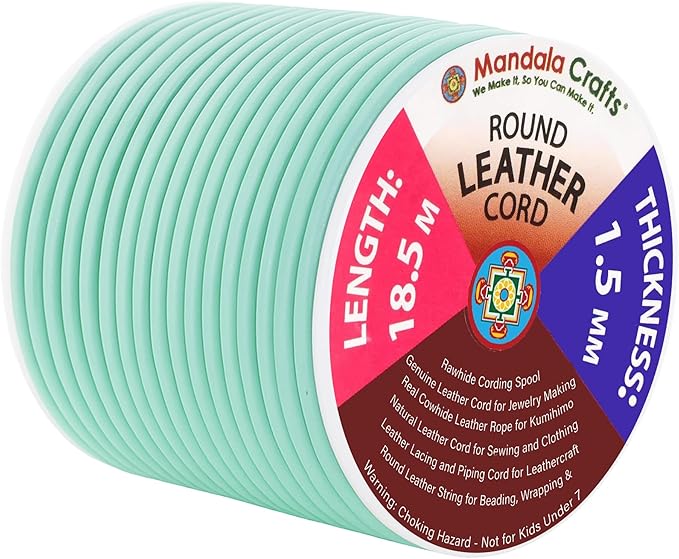 Mandala Crafts Round Genuine Mint Leather Cord for Jewelry Making – 1.5mm Cowhide Leather Rope String Lace for Kumihimo – 20 Yards Cowhide Craft Cording Spool
