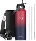 BUZIO 40oz Insulated Water Bottle, Triple Wall Vacuum Stainless Steel Water Flask with 2 lids, Leakproof BPA-Free Straw Lid Sports Canteen Jug, Cold 48H & Hot 24H- Ruby Red Navy