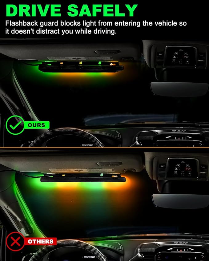 HLauto 6Z4J Emergency Dash Strobe Lights: 2x16.8 inch Green Amber Safety Lights, 48 LED Flashing Warning Hazard Interior Windshield Visor Traffic Light Bar for Trucks, Construction Vehicles