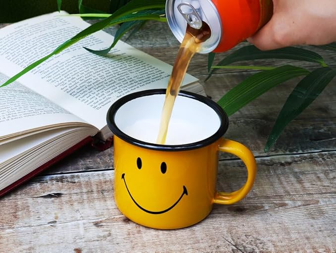 Suck UK Smiley Enamel Tea Mug - Coffee Cup - Camping Gear - Vintage Metal Camping Cup - Outdoor Camper Gift - Coffee Gifts for Men - Retro Enamelware - Stocking Stuffers Mug - Smiley Drinkware 12oz