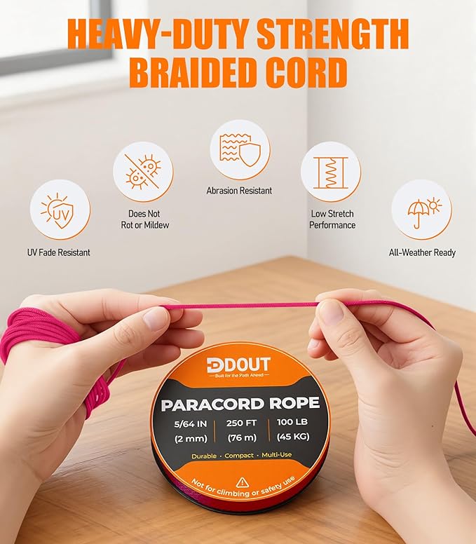 DDOUT 2mm Paracord 100lb, Thin Micro Paracord Rope, Pink 250FT Nylon Cord for Crafting, DIY Projects, Fishing, Camping & Outdoor