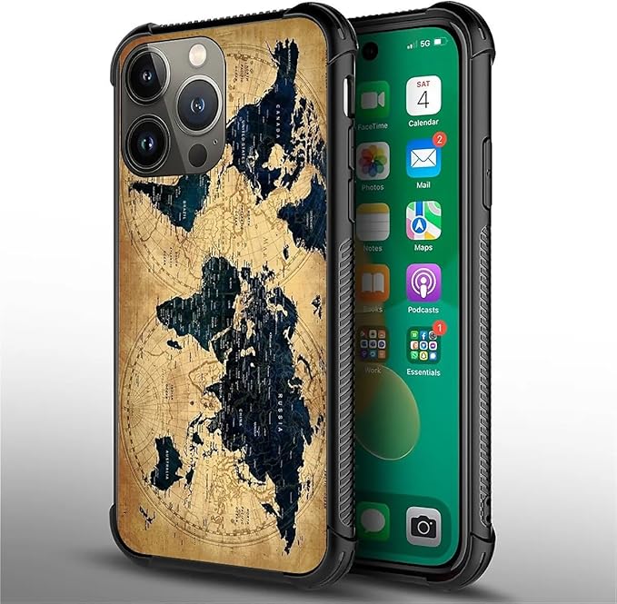 for iPhone 13 Pro Max Case, Brown World Map Pattern Graphic Design Girl Boy Soft Silicone Hard Acrylic Shock Protection for iPhone 13 Pro Max