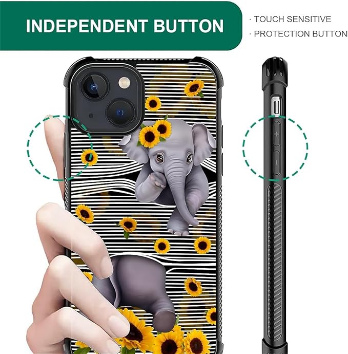 for iPhone 15 Case, Cute Little Elephant Sunflower White Line Art Pattern Graphic Design Girl Boy Soft Silicone Hard Acrylic Shock Protection for iPhone 15