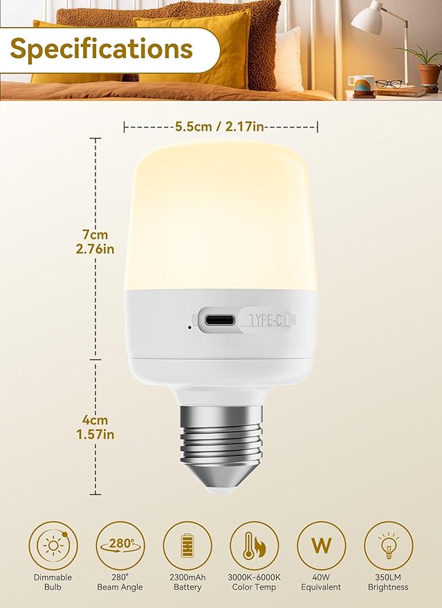 Minetom E26 Rechargeable Light Bulbs with Remote and Timer, Battery Backup Bulb with 12 Colors and Brightness Dimmable, 2300mAh 40W Equivalent LED Light Bulbs for Lamps Sconces Camping, 4 Pack