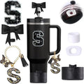 6pcs Black Stanley Cup Accessories Set, Bow Straw Topper for Stanley Cup 30oz 40oz, Including Straw Topper and Bow Silicone Boot, Stoppers Spill Proof, Handle Charm, Initials Sticker