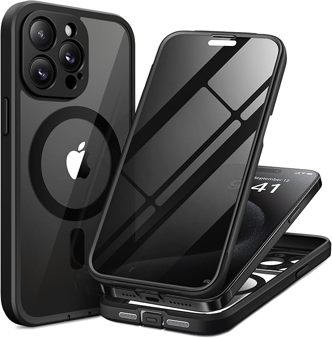 TIESZEN for iPhone 15 Pro Case, Compatible with MagSafe, Built-in Privacy Screen Protector and Camera Protection, Anti Spy Full Body Dustproof Shockproof Hard Phone Case 6.1", Black