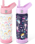 Fimibuke Kids Insulated Water Bottle, 18oz BPA FREE Kids Cup with Straw Double Wall Vacuum Tumbler 18/8 Stainless Steel Leak Proof Toddler Water Bottle for School Boys Girls (2 Pack, Rainbow/Mermaid)