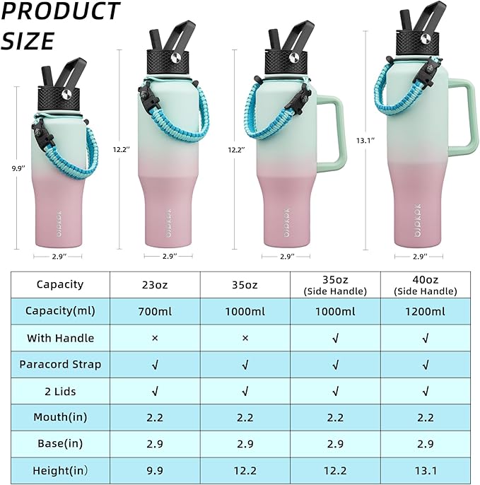 BJPKPK Insulated Water Bottles with Straw Lid, 35oz Metal Water Bottle with 2 lids & Paracord Strap, Double Wall Stainless Steel Vacuum Tumblers, Cups, Mugs, Thermo for Hot& Cold Drinks, Marshmallow