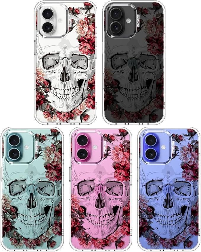 MOSNOVO Case for iPhone 16, [Buffertech 6.6ft Military-Grade Drop Protection] [Anti Peel Off Tech] Clear TPU Bumper Phone Case Cover Design - Red Flower Skull