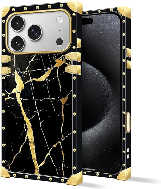 for iPhone 17 Pro Case Luxury Golden Decoration for Girl Women Soft TPU Shockproof Protective Hard PC Back for iPhone 17 Pro Crazy Pattern Black Gold Marble Nature