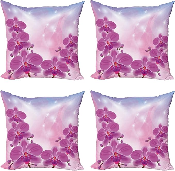 Ambesonne Floral Throw Pillow Cushion Case Pack of 4, Exotic Orchid Flowers Flourishing on Abstract Background Circles Stars, Modern Accent Double-Sided Digital Printing, 18", Pink Purple