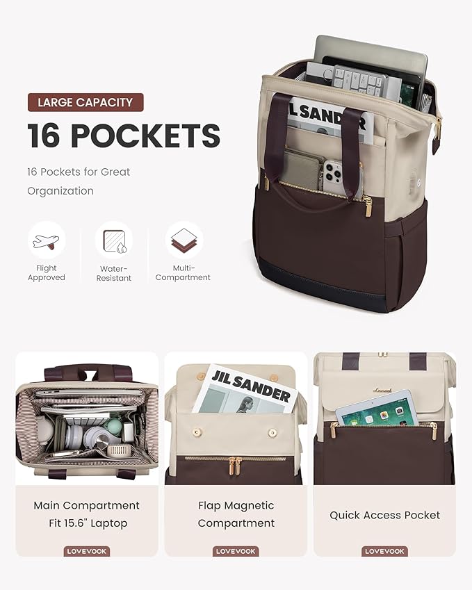 LOVEVOOK Laptop Backpack for Women, 15.6 Inch Work Laptop Bag with USB Port, Fashion Teacher Nurse Backpack Purse, Waterproof Travel Computer Backpack with Organizer Bag, 2PCS, Apricot-Coffee