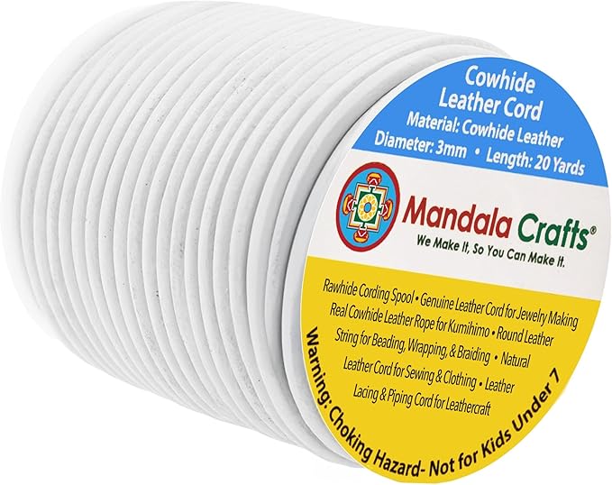 Mandala Crafts Round Cowhide Genuine White Leather Cord for Jewelry Making Kumihimo Leather Rope Spool - White String Lace - 20 Yds 3mm Cording