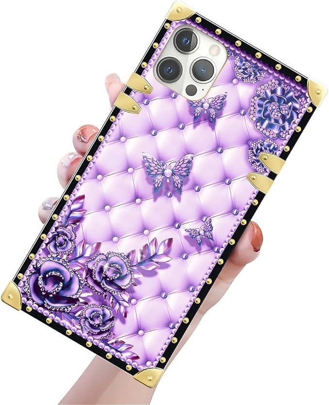 Compatible with iPhone 12 Case, Purple Butterfly Flowers Leaf Luxury Golden Decoration for Girl Women Soft TPU Shockproof Protective Hard PC Back for iPhone 12 Pro