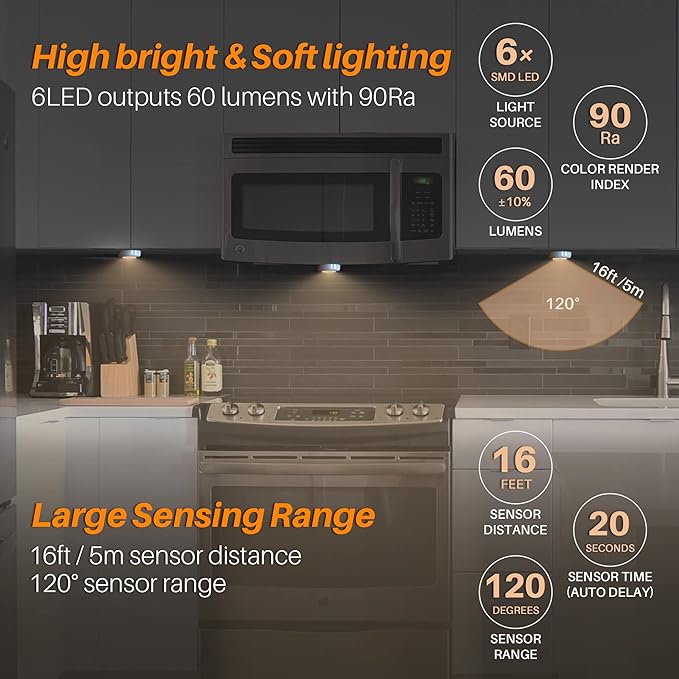 STAR-SPANGLED 6 Pack 2.8” Motion Sensor Lights Indoor AAA Battery Operated, Stick on LED Puck Light for Stairs, Under Cabinet, Closet, Warm White