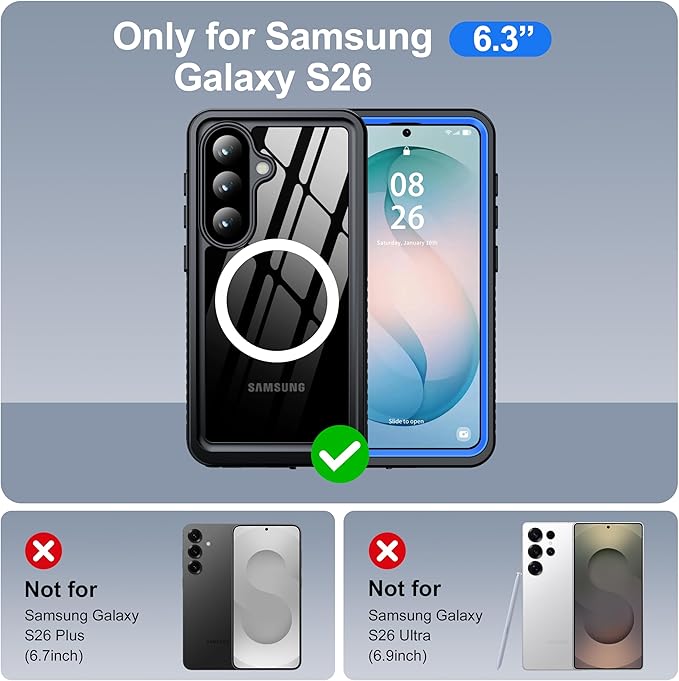 ANTSHARE for Samsung Galaxy S26 Case Waterproof, Built-in Lens & Screen Protector, [Compatible with MagSafe] Shockproof Dropproof Dustproof Full Body Phone Case for S26 6.3"-Blue/Clear