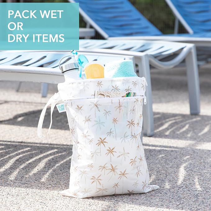 Bumkins Waterproof Wet Dry Bag for Baby, Travel, Swim Suit, Cloth Diapers, Pump Parts, Pool, Beach, Gym Clothes, Toiletry, Hook to Stroller, Daycare, Zipper Reusable Wetdry Packing Pouch, Palm Trees
