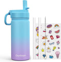 Kids Water Bottle, 16oz Kids Water Bottle with Stickers for School, insulated Stainless Steel Straw Cup(Blue/Purple)
