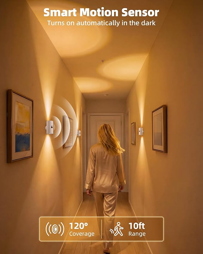 EZVALO Motion Sensor Wall Sconces, Battery Operated Wall Lights with 4000mAh Rechargeable Battery, 3 CCT & 12 RGB Remote LED Lights for Hallway, Stairway (White, 2 Pack)