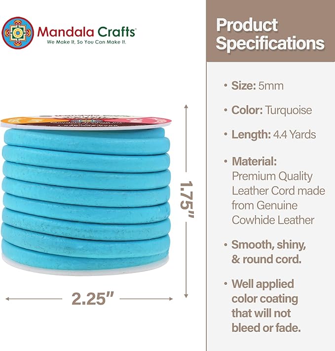 Mandala Crafts Round Genuine Turquoise Leather Cord for Jewelry Making – 5mm Cowhide Leather Rope String Lace for Kumihimo – 4.4 Yards Cowhide Craft Cording Spool