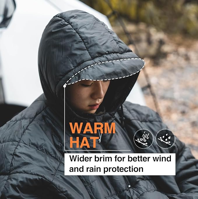 ONETIGRIS Camping Blanket Poncho with with Recycled Synthetic Insulation,Wearable Hoodie Blanket | Ultralight Water-Resistant Warm Camping Blanket for Outdoor, Hiking, Stadium