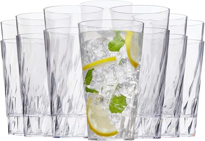 US Acrylic Palmetto [Set of 16] 20 ounce Plastic Stackable Water Tumblers in Clear, Lightweight Value Set of Drinking Cups, Reusable, BPA-free, Made in the USA, Top-rack Dishwasher Safe