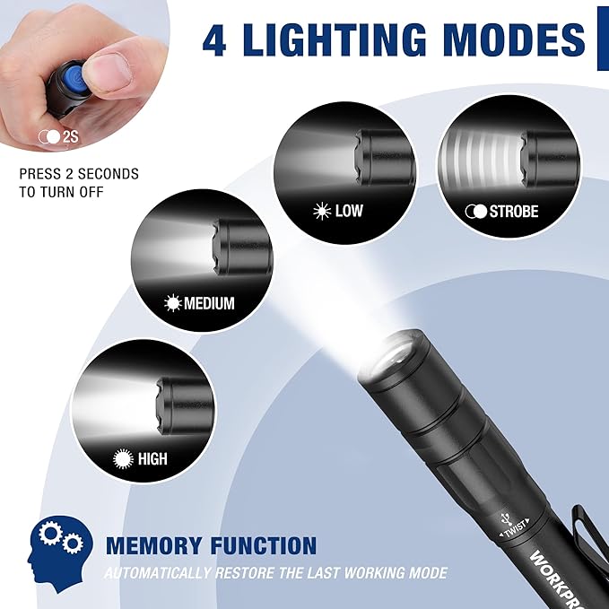 WORKPRO Rechargeable Pen Light, Mini Flashlight, 2 Pack Ultra-Compact EDC Flashlight, Pocket Flashlight with Clip, Memory Function and 2 x USB C Cable Included, Black