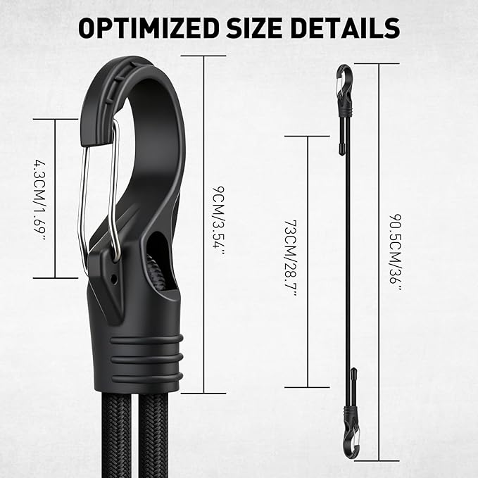 8-Piece 36-inch Adjustable Bungee Cords with Hooks, Heavy Duty Outdoor Carabiner Bungee Straps, Easily Adjust from 7" to 36", Black Super Elastic Cord for Cargo, Camping, Bike Racks, Tents