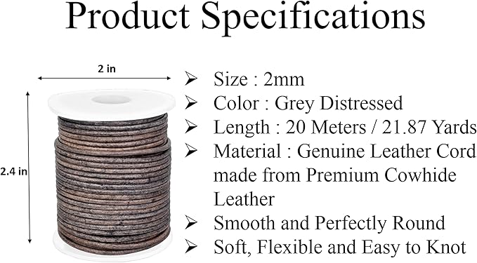 GENIQUE Real/Genuine Round Leather String Cord for Necklace, Bracelets, Jewellery, Braiding (Grey Distressed, 2mm)