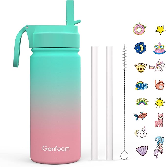 Kids Water Bottle, 16oz Water Bottles Kids with Straw and Stickers, Stainless Steel Vacuum Double Wall Insulated cup, Kids Water Bottle for School, Gifts for Girls(Green)