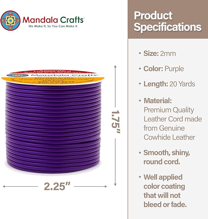 Mandala Crafts Round Genuine Purple Leather Cord for Jewelry Making – 2mm Cowhide Leather Rope String Lace for Kumihimo – 20 Yards Cowhide Craft Cording Spool