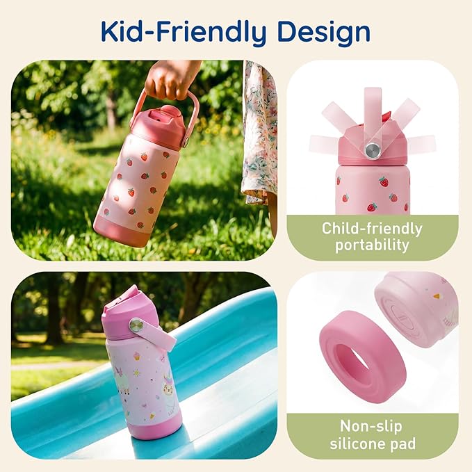Mommore Kids Water Bottle 12 oz, Insulated Stainless Steel Water Bottle with Straw, Leakproof & BPA-Free, Vacuum Insulated Travel Water Bottle for School, Outdoor Light pink-1 Pc
