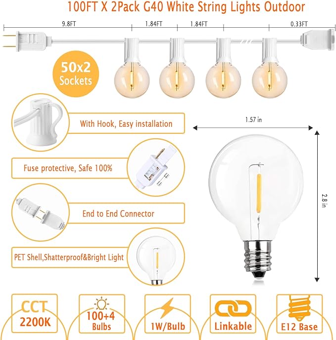200 Feet White String Lights for Outside G40 Patio Lights Waterproof with 100+4 Replaceable Shatterproof Warm Yellow Globe Bulbs for Wedding Pergola Porch Backyard, White Cord, Linkable