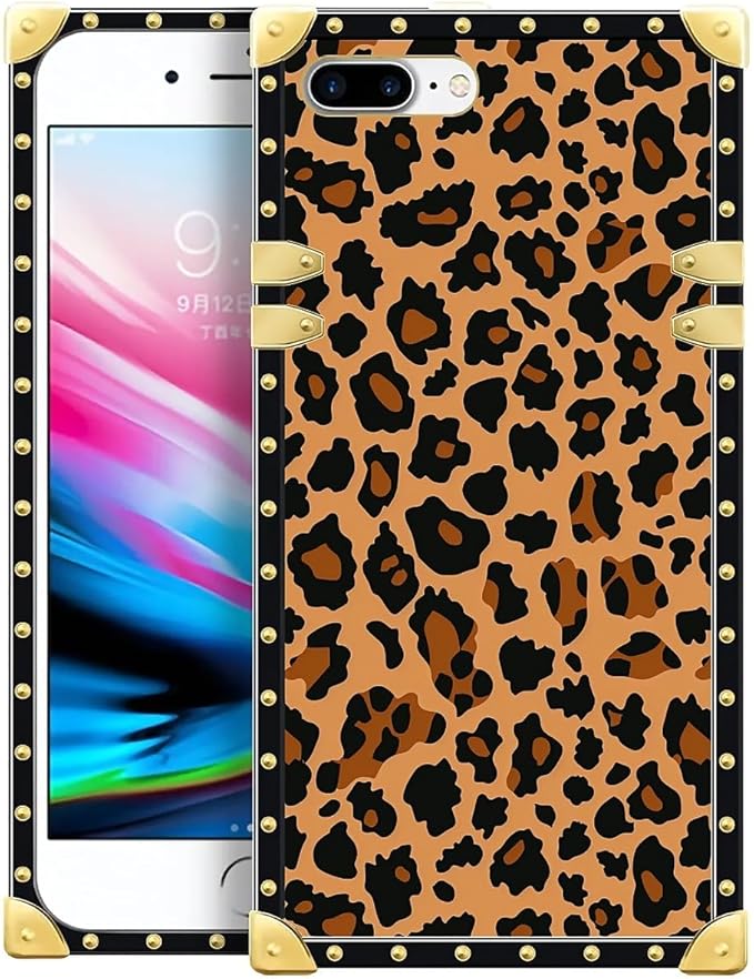 Compatible with iPhone 8 Plus 7 Plus Case, Brown Leopard Texture Luxury Golden Decoration for Girl Women Soft TPU Shockproof Protective Hard PC Back for iPhone 8 Plus 7 Plus