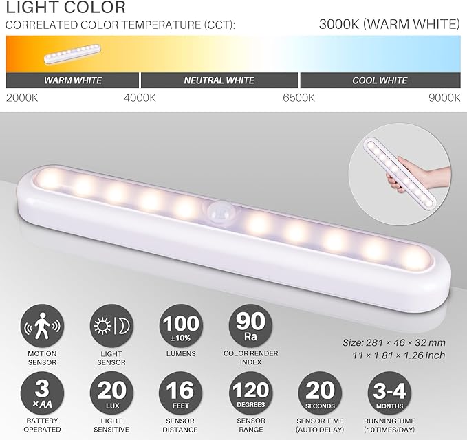 STAR-SPANGLED 11” Motion Sensor Lights Indoor AA Battery Operated, Stick on LED Light for Closet, Stairs, Under Cabinet, Kitchen, Warm White, 2 Pack