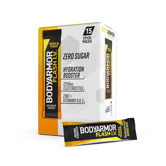 BODYARMOR Flash I.V. Electrolyte Packets, Tropical Punch, Zero Sugar Drink Mix, Single Serve Packs, Coconut Water Powder, Hydration for Workout, Travel Essential, Just Add Sticks to Liquid (15 Count)