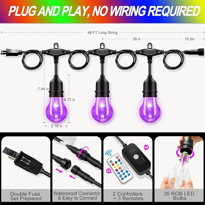 96FT Solar Outdoor String Lights, 30 Shatterproof Edison Bulbs, Dimmable Color Changing RGB LED Patio Lights with 2 Remote Controllers. Perfect for Backyard Decorative Lighting