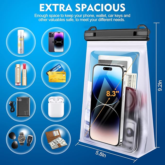 PEDVSTY Large Waterproof Phone Pouch [with Sealing Strip], Cell Phone Dry Bag for iPhone 17 16 15 14 Pro Max Galaxy S25 S24 S23 S22 All Devices, Floating Water Proof Bag for Beach Water Park White