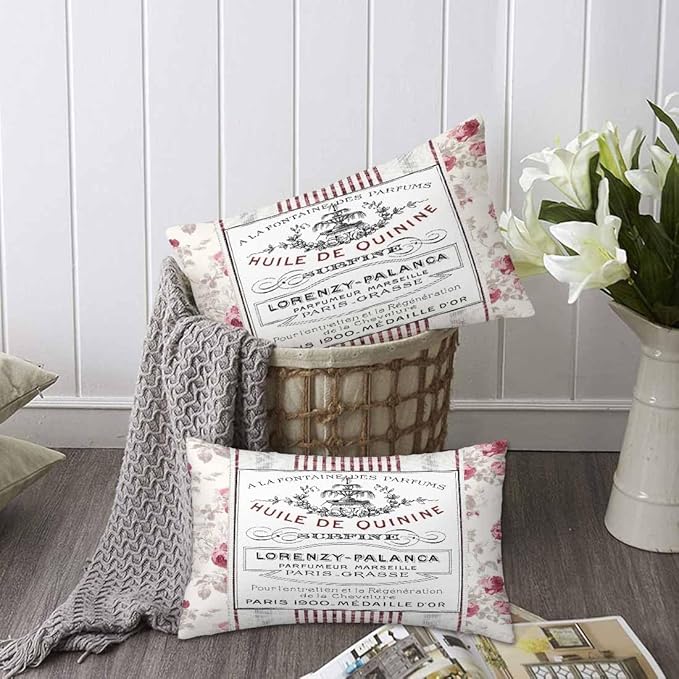 Huile De Quinine Vintage French 12 X 20 Pillow Covers Elegance Fountain Pink Rose Wreath Floral Striped Set of 2 Pillow Cases Outdoor Pillowcases Decorative Home Bed Sofa Couch Hotel