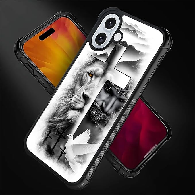 for iPhone 16 Case, Lion Cross Jesus Christ Dove Pattern Graphic Design Girl Boy Soft Silicone Hard Acrylic Shock Protection for iPhone 16