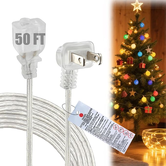 50FT Extension Cord, Clear,Thin,Flat Plug Extension Cord Indoor/Outdoor, 2 Prong, ETL-Certified, for Christmas Lights,Holiday String Lights,Christmas Decorations