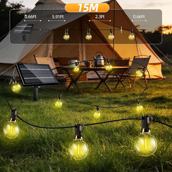 Solar Lights Outdoor Waterproof: G40 15M 50FT Shatterproof Bulbs Patio Lights - Solar Powered 3 Light Modes Solar Light - Camping Backyard Garden Deck Outside Yard