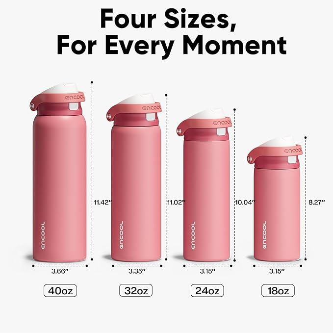ENCOOL Leakproof Insulated Water Bottle with Straw Dual-Sip Water Bottle Bag-Safe Design for Work, Commute & Gym – Keeps Drinks Cold All Day, 40 oz, Vermilion