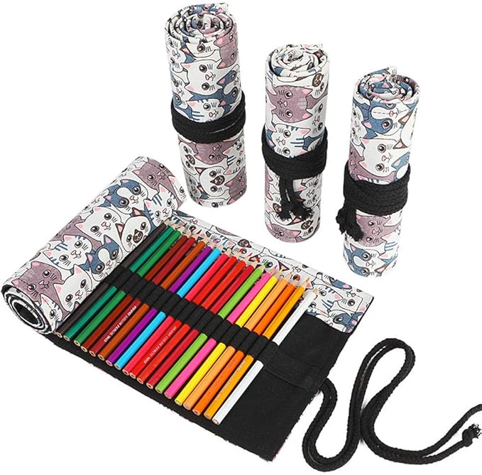 Funny live 24/36/48/72 Slots Colored Pencil Wrap Roll up Pen Holder Case Drawing Coloring Pencil Roll Organizer Stationery Case for Student Artist Traveler (Big-Head Cats, 24 Slots)