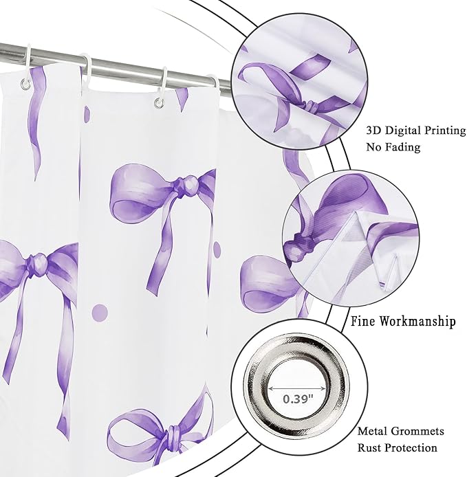 Purple Bow Shower Curtain, Purple and White Modern Aesthetic Bowknot with Polka Dot Cute Girly Bathroom Curtain Waterproof Fabric Machine Washable with Hooks, 72" Wx96 L